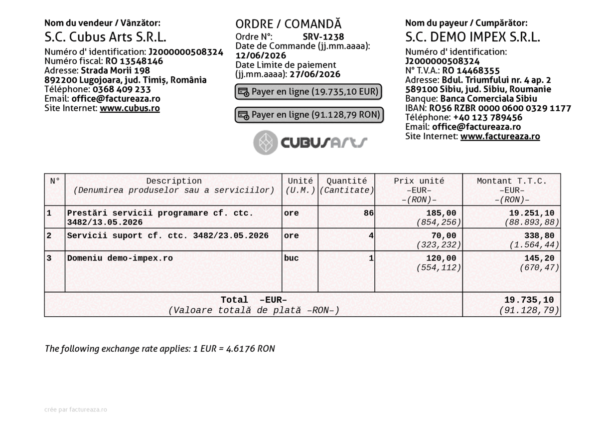 Comandă fără TVA A5, Euro + RON, franceză